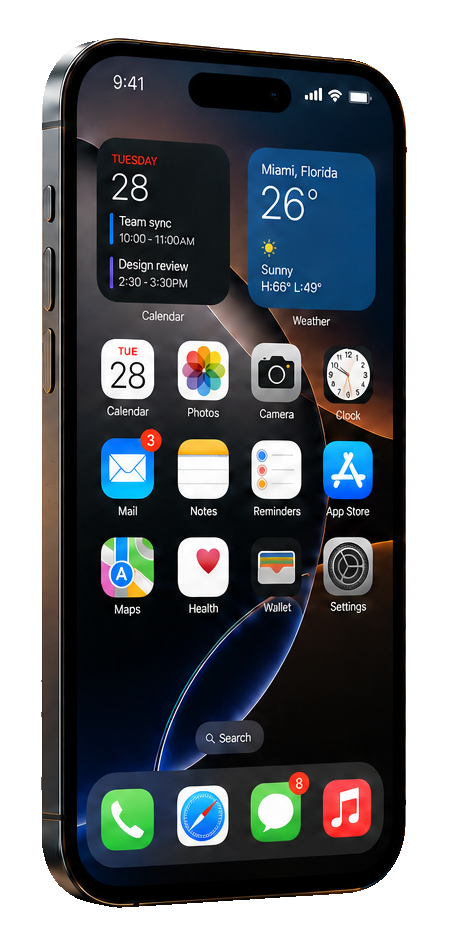 A real powered-on iPhone-class phone with apps, status bar and battery details